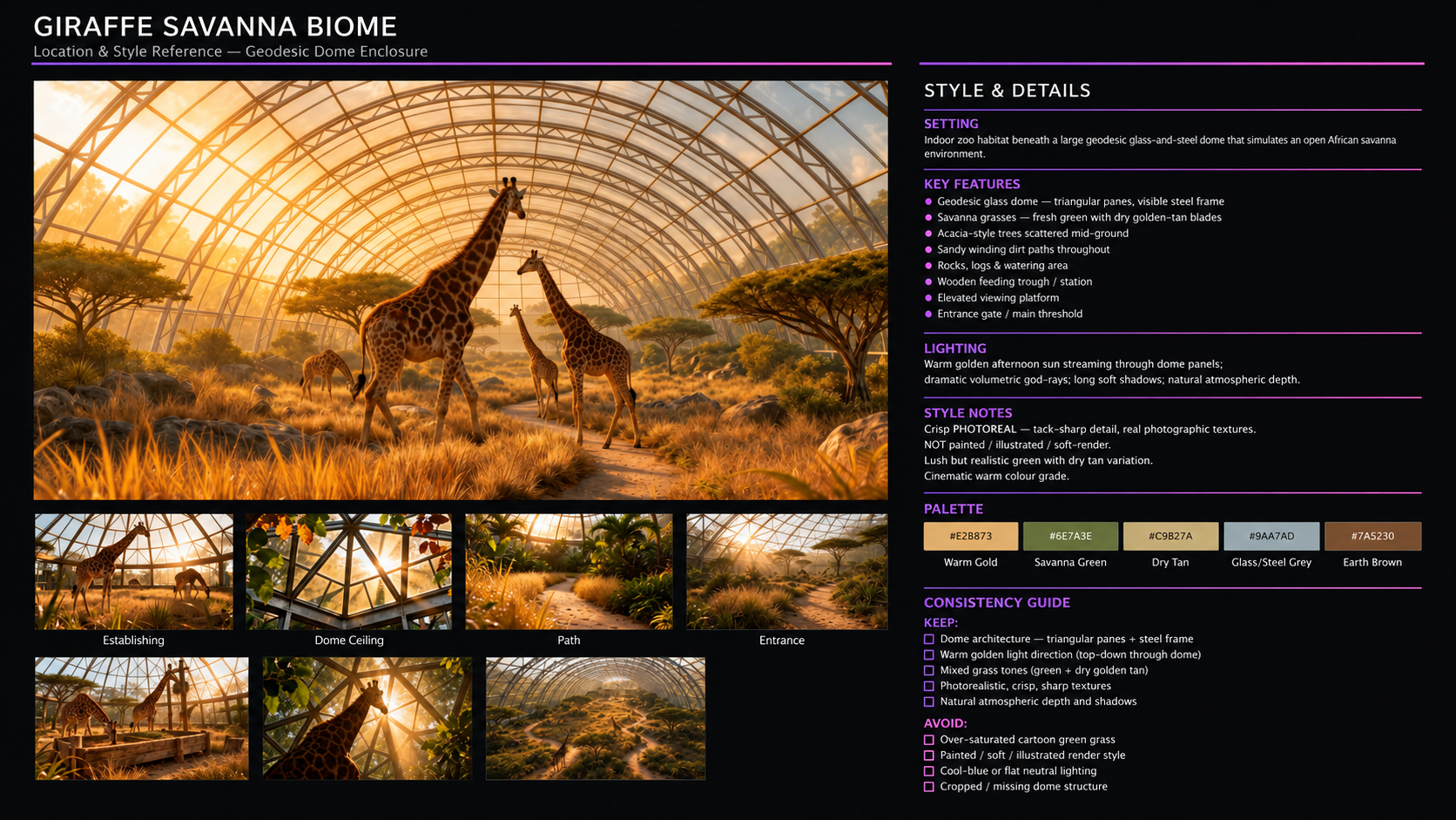 Giraffe savanna biome production reference: a herd beneath a sunlit geodesic dome, supporting views of the ceiling, paths, entrance and feeding station, plus lighting, material and color palette notes.