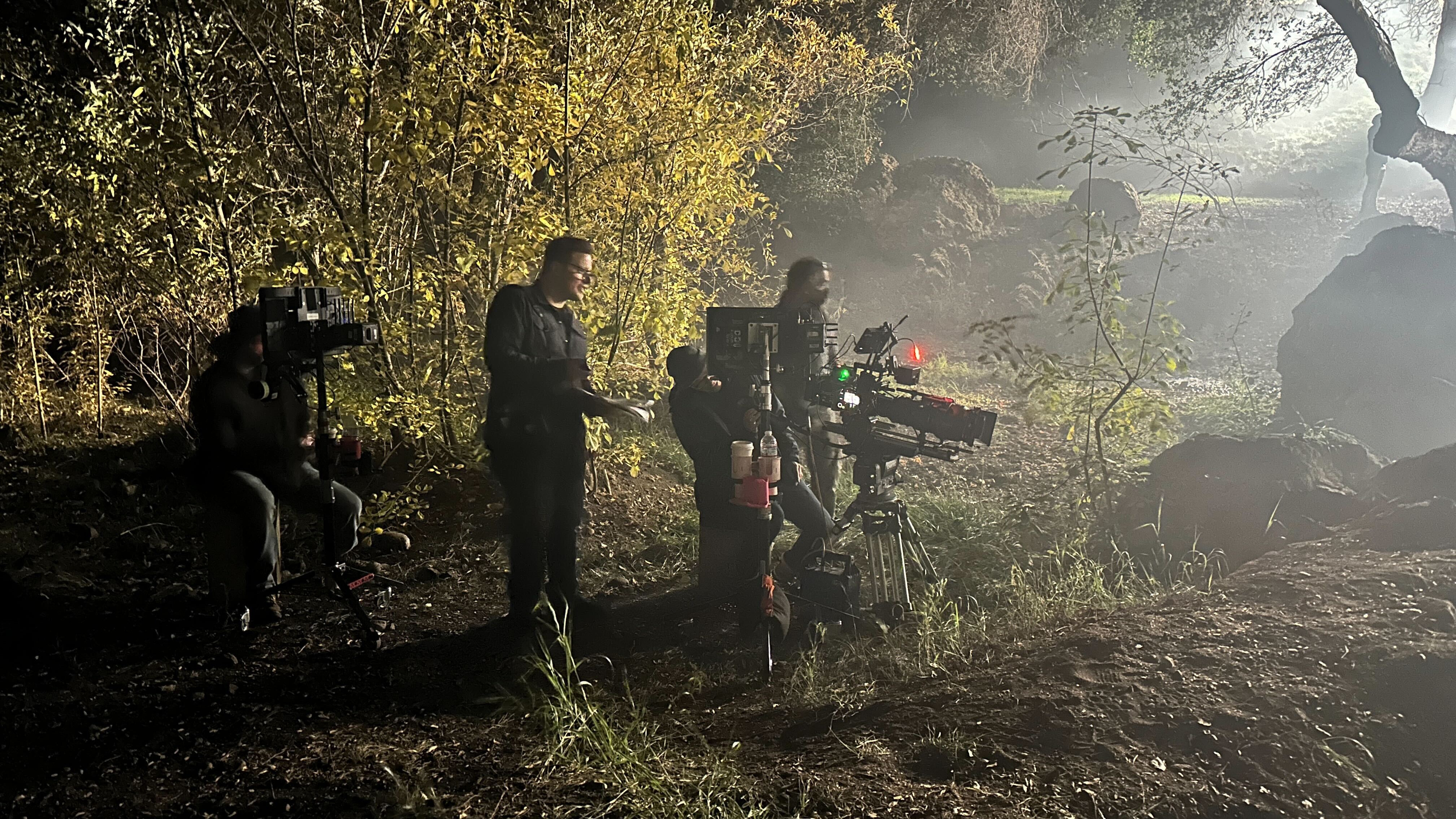 Diablo camera crew working among trees and atmospheric backlight