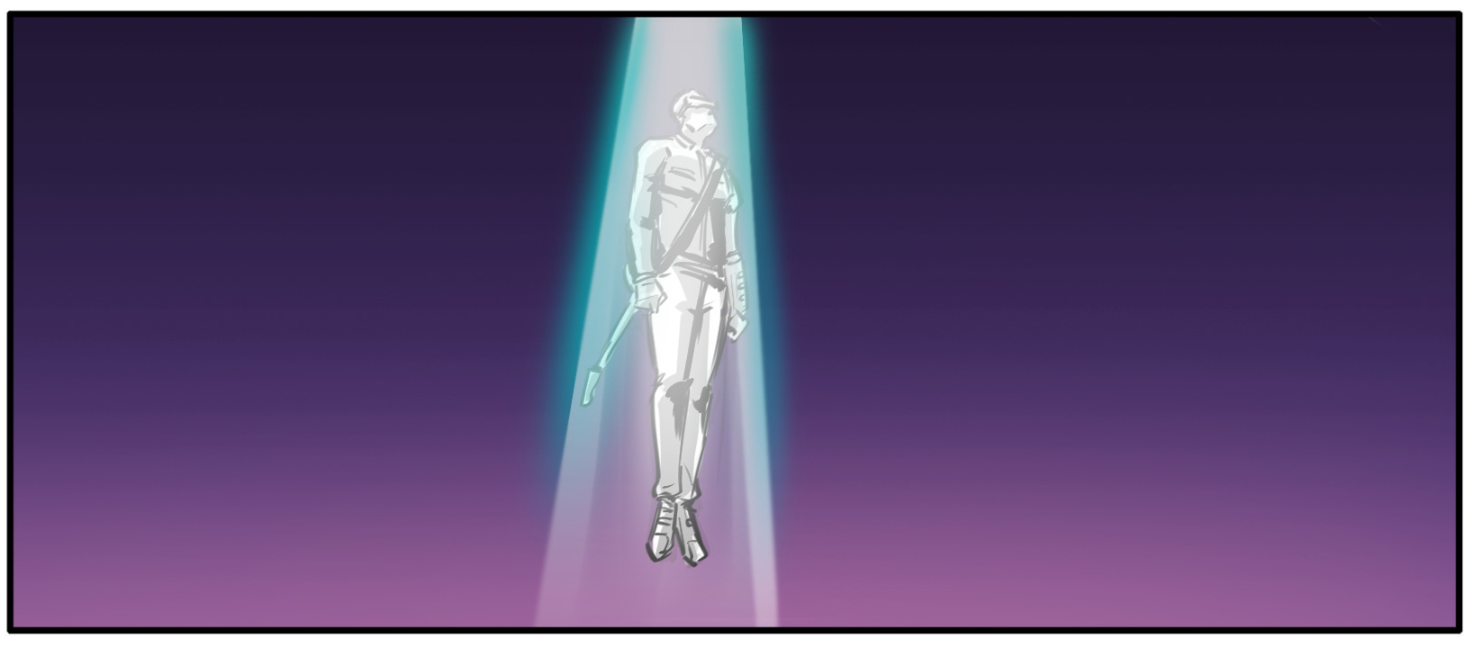 A figure suspended in a cyan beam against a purple sky in a Simulation Theory storyboard