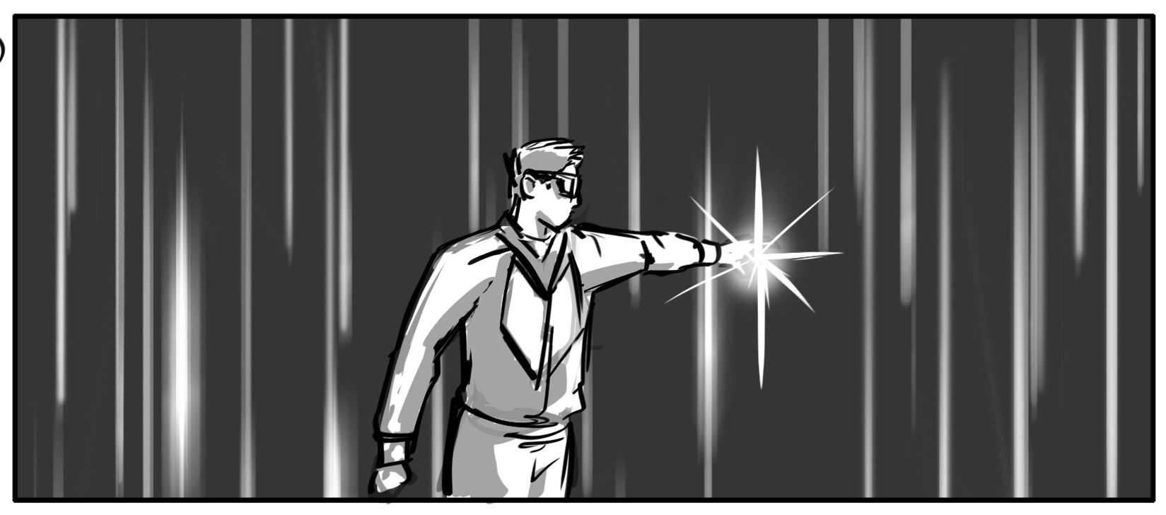 A visor-wearing figure extending an arm toward a bright point of light