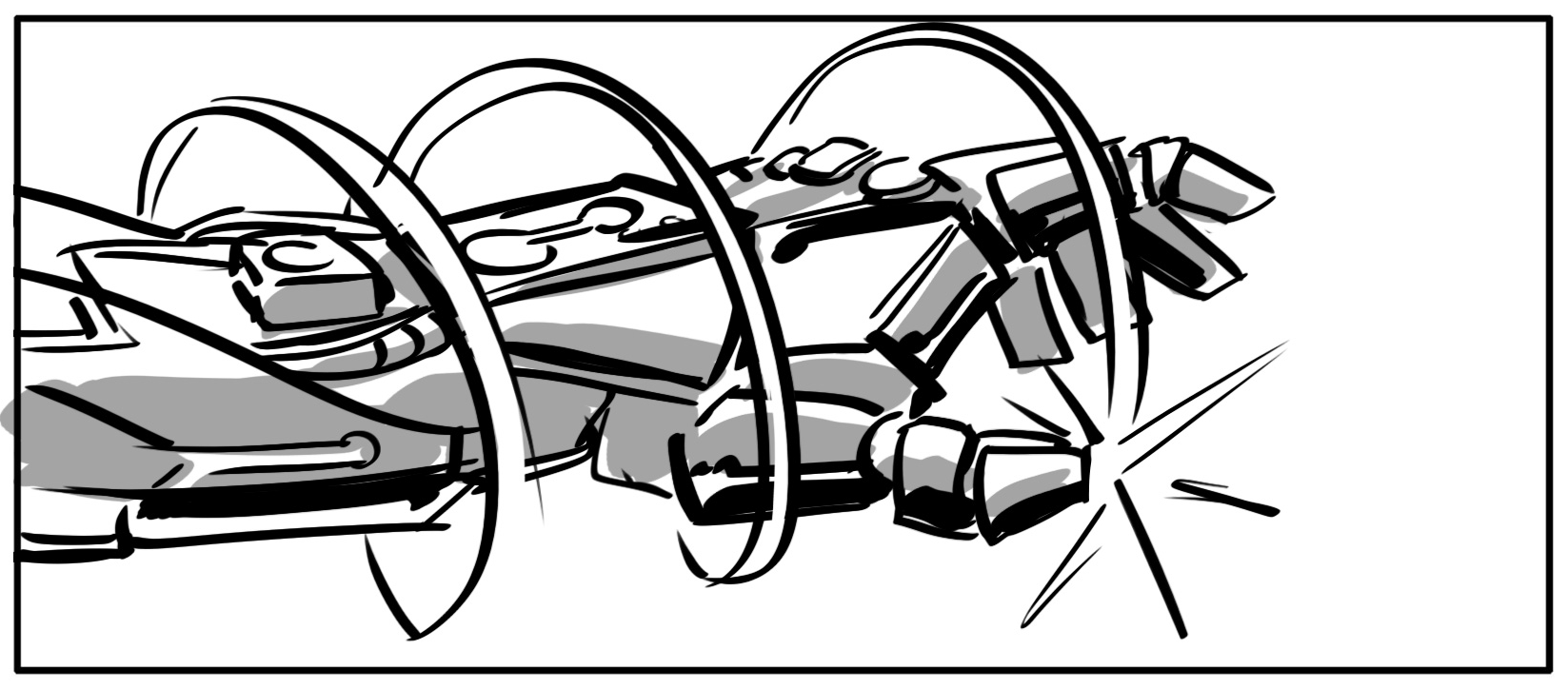 A storyboard close-up of a mechanical gauntlet with arrows indicating movement