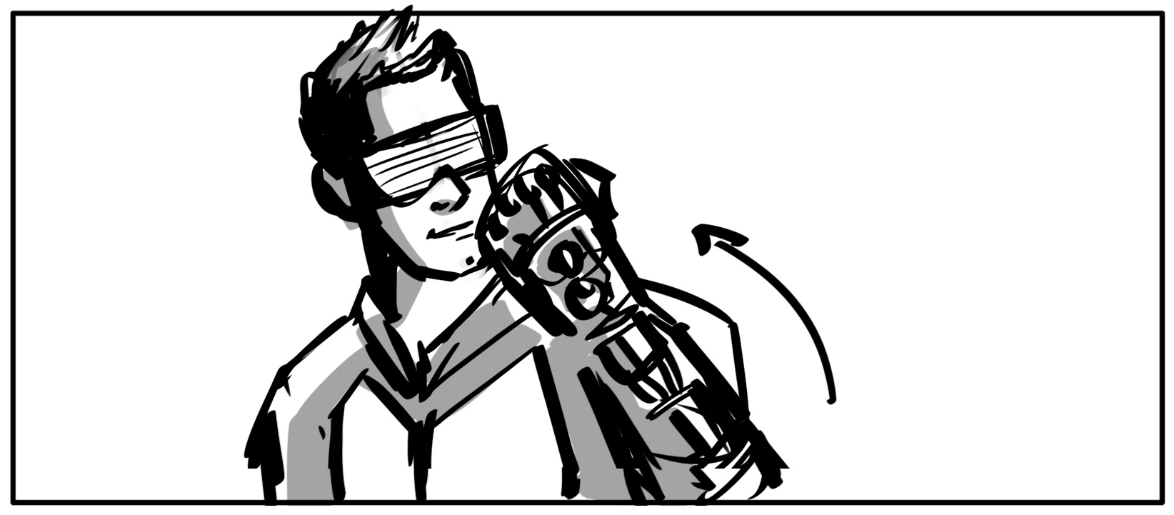 A visor-wearing figure raising a mechanical gauntlet beside their face
