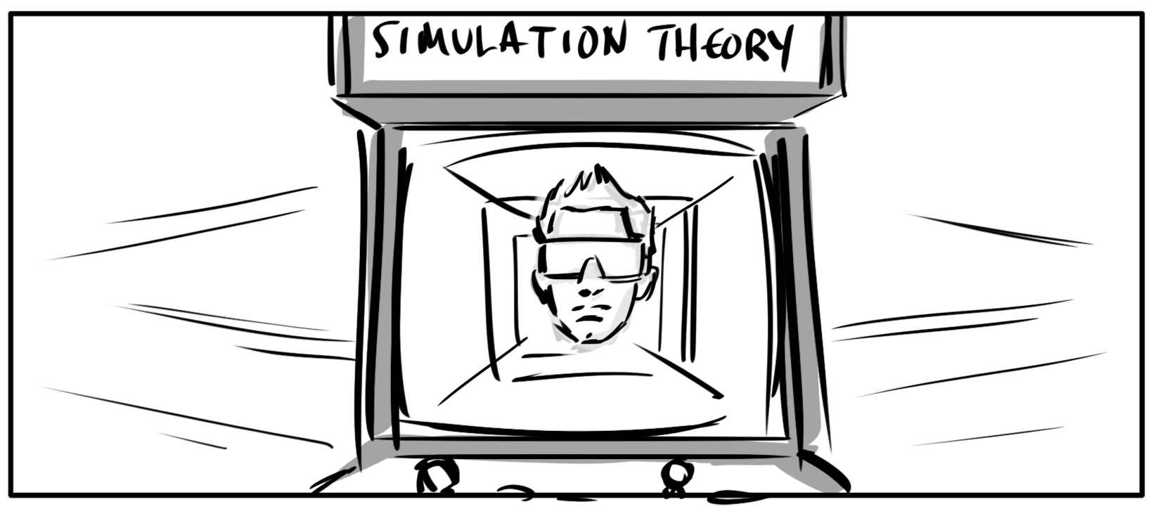 A figure framed inside an arcade cabinet labeled Simulation Theory