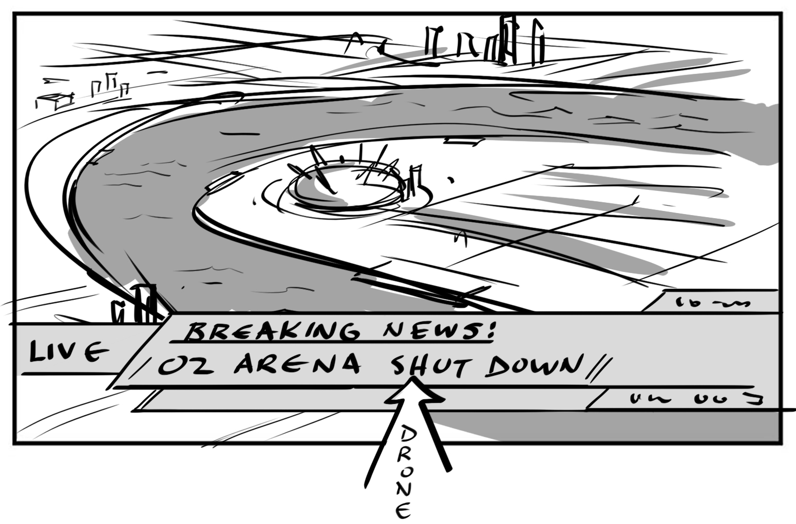 An aerial storyboard of London’s O2 arena beside the river, with a fictional breaking-news caption and a drone camera arrow