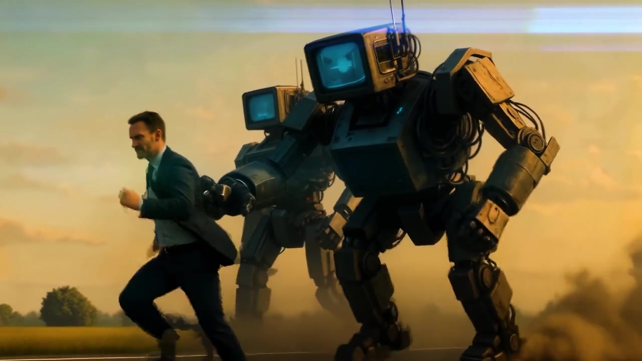 A man running from giant robots. Scale, pursuit, and a human reaction turn the sequence into a miniature science-fiction action scene.