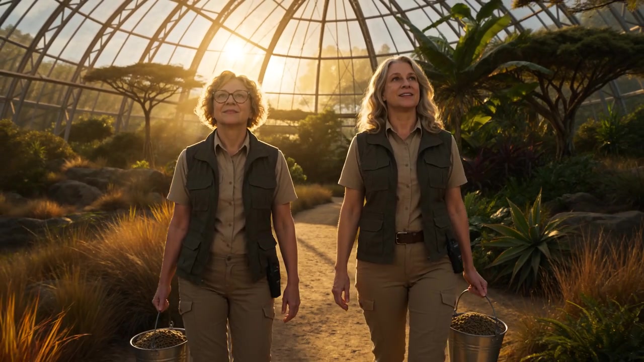 Zookeepers share the frame with animals, moving between close encounters and the wider environment. Character and interaction carry this part of the campaign.