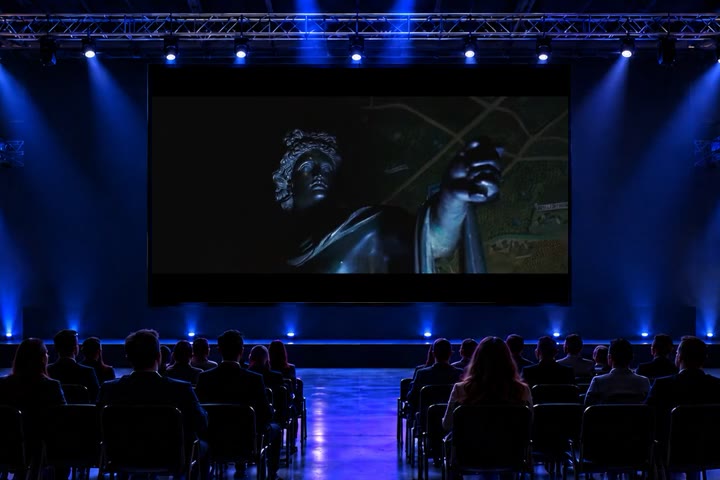 Text-free Pixelworks cinematic footage playing on a large screen in a trade-show environment mockup