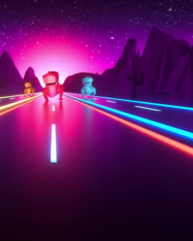 Colorful dinosaurs running toward the camera in Google Dino Runner, followed by Habit burger and fries campaign footage