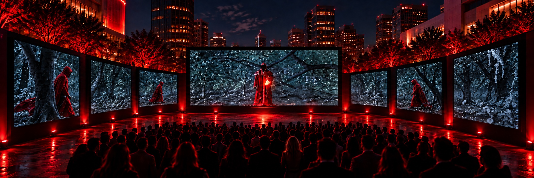 Illustrative outdoor Diablo viewing environment with one large front screen and three screens along each side forming a U around the audience, with red-robed figures in profile walking toward the centre screen