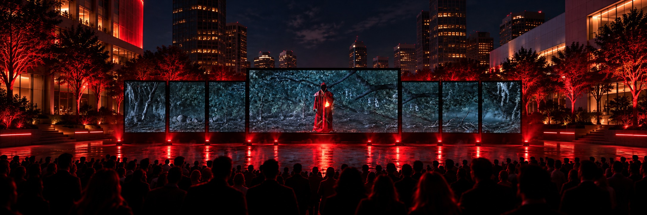 Illustrative outdoor L.A. Live viewing environment with one giant centre screen and three smaller screens on each side showing Diablo imagery