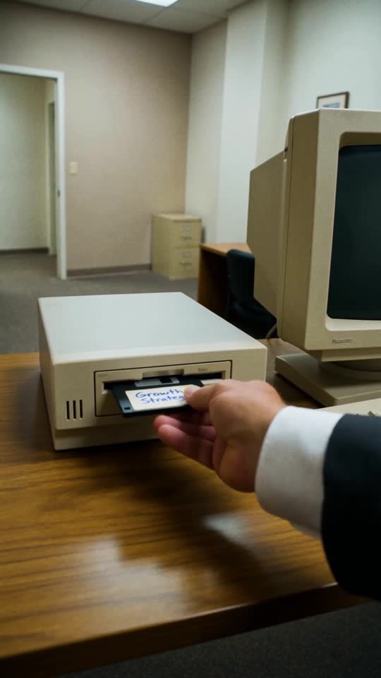 A floppy disk inserted into an old desktop computer
