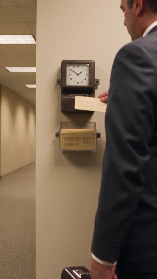 An office worker using an old punch clock