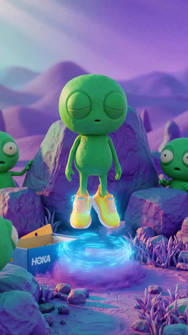 An animated green runner wearing yellow HOKA shoes
