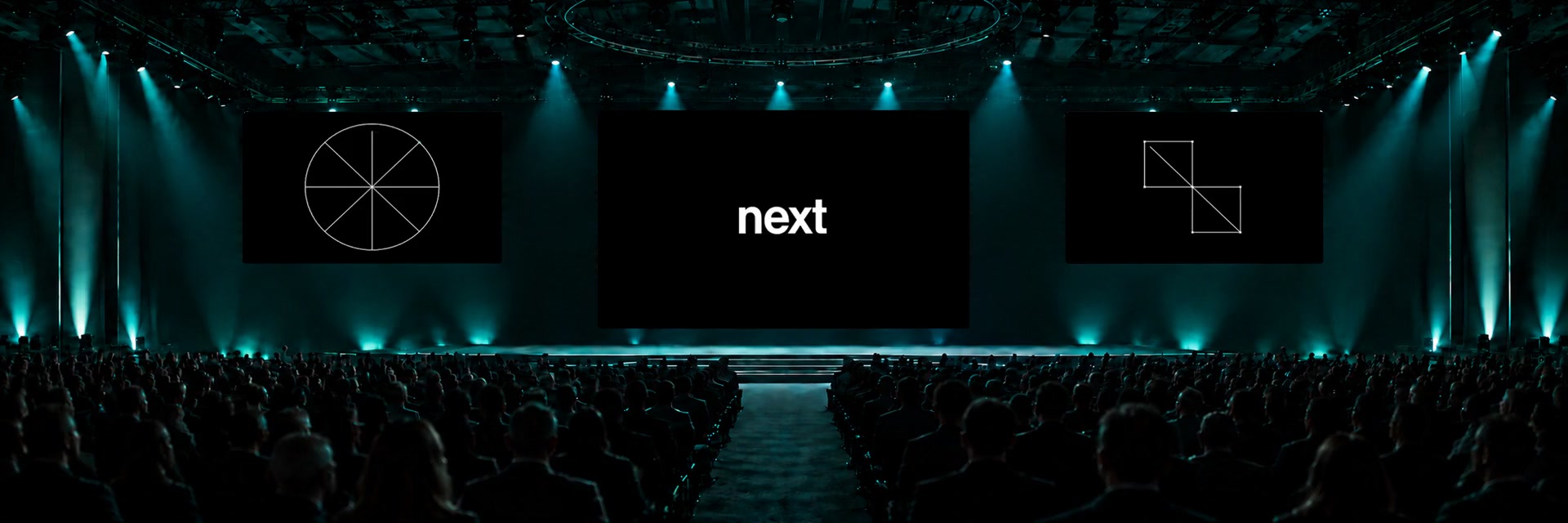 Panoramic mockup of a trade-show presentation stage with one huge 16:9 centre screen and two smaller side screens aligned to its top edge