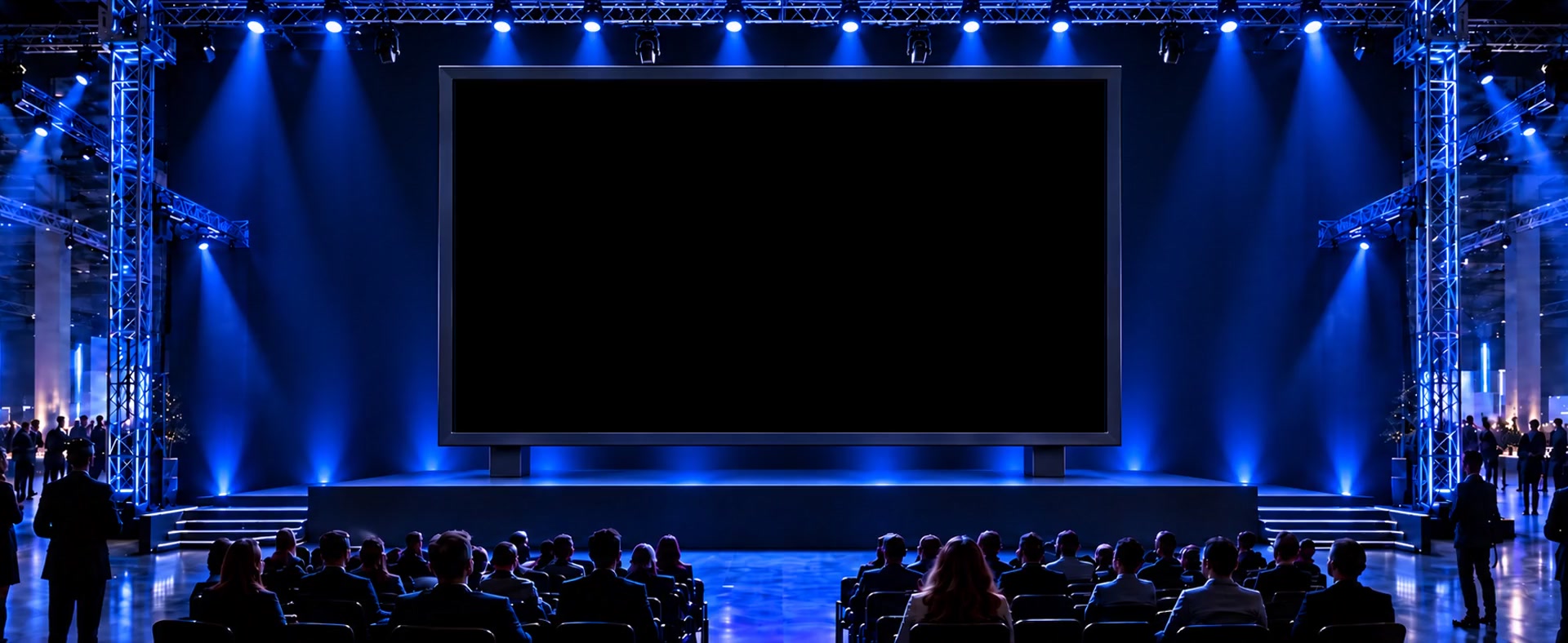 Panoramic illustration of a trade-show presentation with one huge 16:9 cinematic screen