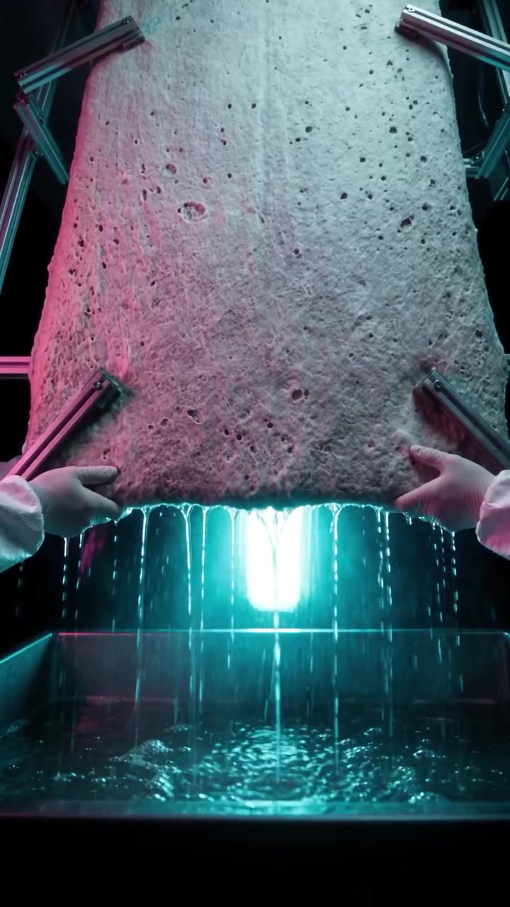 Gloved hands handle a living mycelium material in a blue laboratory